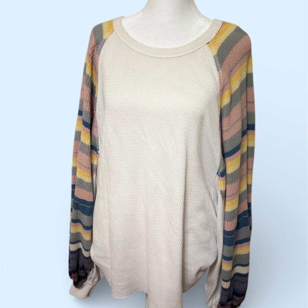 We The Free Cream Top with Multicolor Striped Sleeves